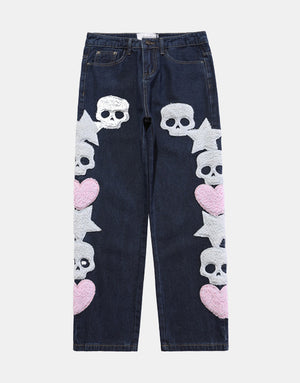 Star Skull Patchwork Straight Jeans ,  - Streetwear Jeans - Slick Street