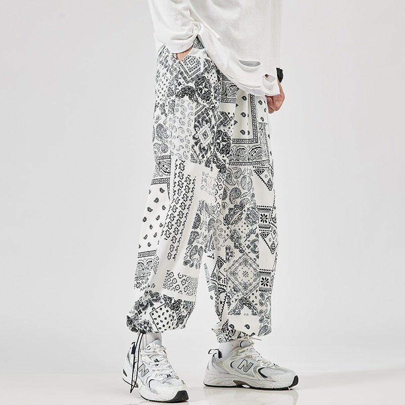 Paisley Bandana Pattern Pants XS, white - Streetwear Pants - Slick Street