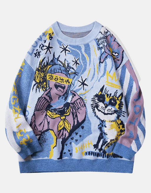 Volcano Cat Japanese Anime Graphic Sweater Blue, XS - Streetwear Sweatshirt - Slick Street