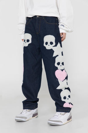 Star Skull Patchwork Straight Jeans ,  - Streetwear Jeans - Slick Street