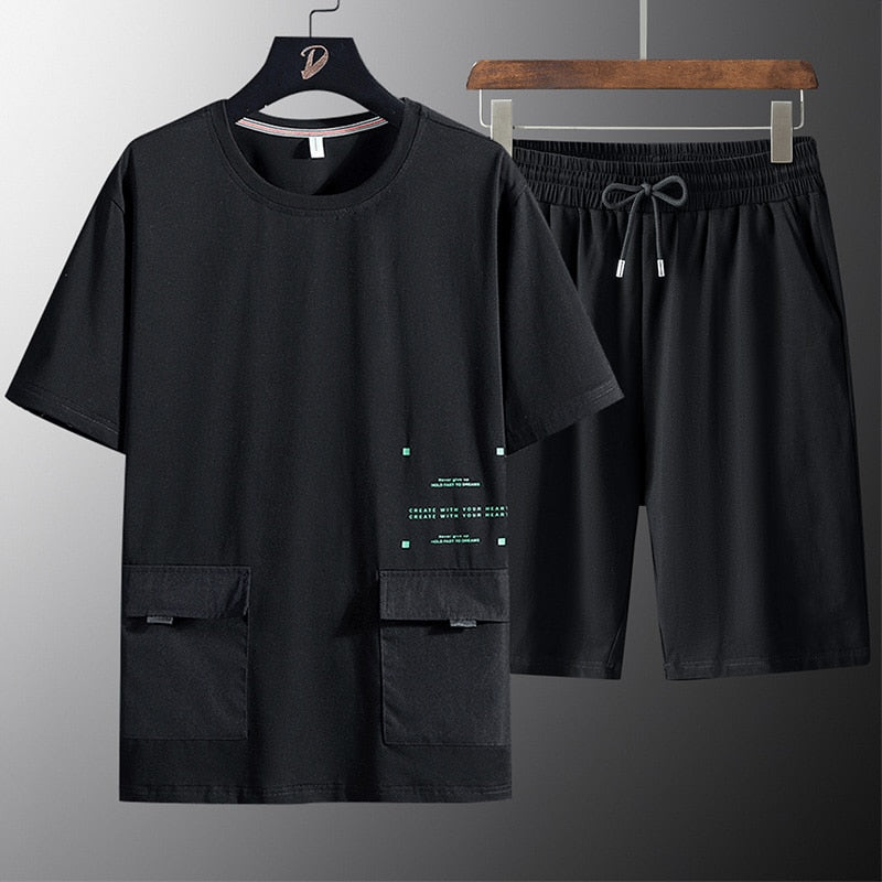 Two Pockets Loose T-Shirt + Shorts Set Black, XS - Streetwear T-Shirt - Slick Street
