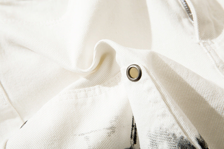 Herringbone Graffiti Print White Straight Jeans ,  - Streetwear Jeans - Slick Street