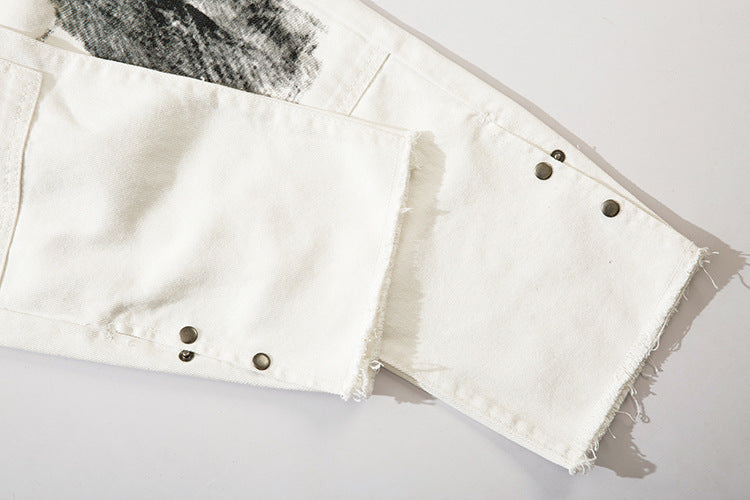 Herringbone Graffiti Print White Straight Jeans ,  - Streetwear Jeans - Slick Street