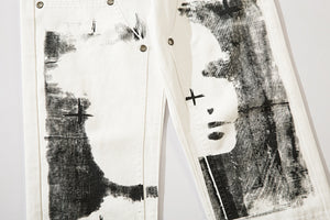 Herringbone Graffiti Print White Straight Jeans ,  - Streetwear Jeans - Slick Street