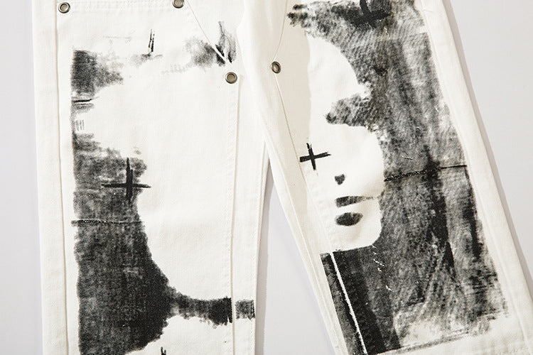 Herringbone Graffiti Print White Straight Jeans ,  - Streetwear Jeans - Slick Street