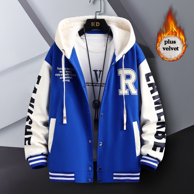 R Quilted Thermal Hooded Varsity Jacket Blue, XS - Streetwear Hoodie - Slick Street