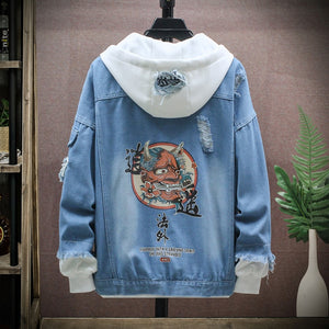 Devil Lion Cloud Denim Ripped Hooded Jacket Devil, XS - Streetwear Jacket - Slick Street
