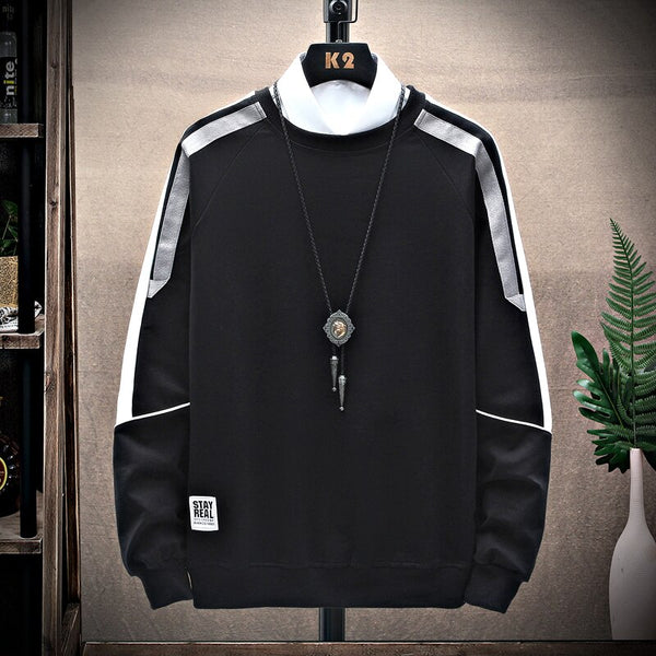 Double Collar Rib Style Sleeves Pullover Sweatshirts Black, M - Streetwear Sweatshirt - Slick Street