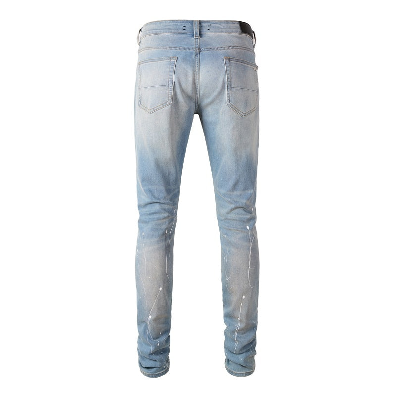 Light Blue Distressed Onyx Rhinestone Slim Jeans ,  - Streetwear Jeans - Slick Street