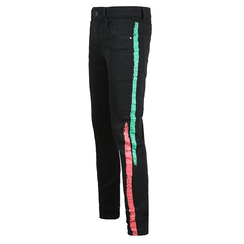 Two Stripes Color Line Jeans 28, Green Red - Streetwear Jeans - Slick Street