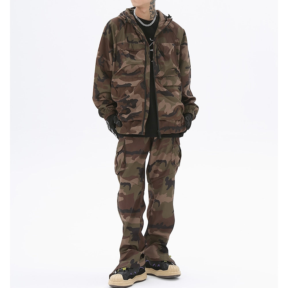 N923 Drawstring Camo Jacket & Cargo Pants Set ,  - Streetwear Tracksuits - Slick Street