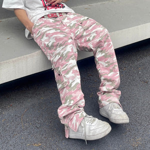 PK21 Straight Multi-pocket Cargo Pants - Pink Camo ,  - Streetwear Cargo Pants - Slick Street