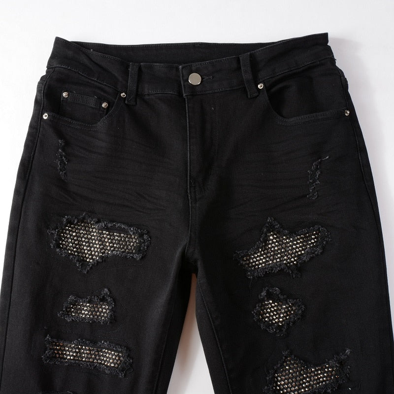 Obsidian Distressed Rhinestone Slim Black Jeans – Slick Street