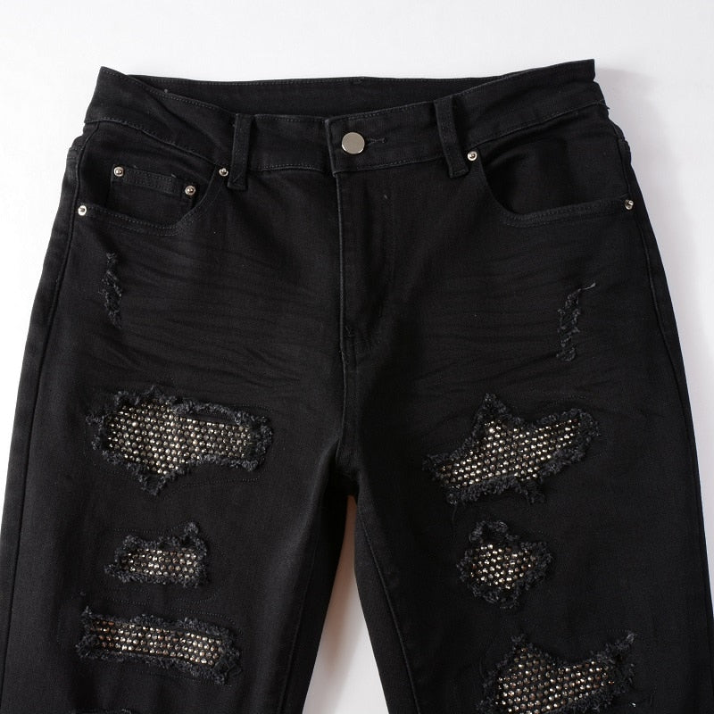 Obsidian Distressed Rhinestone Slim Black Jeans ,  - Streetwear Jeans - Slick Street