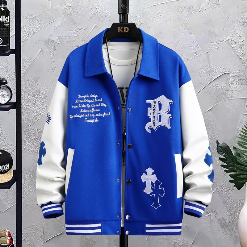 B Cross Patch Varsity Jacket Blue, XS - Streetwear Jacket - Slick Street