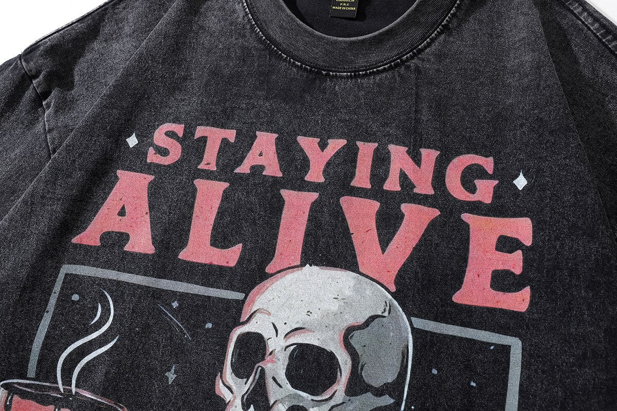 Staying Alive Skeleton T-Shirt , - Streetwear T-Shirts - Slick Street