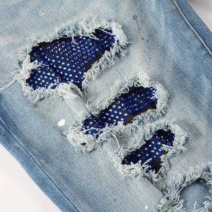 Sapphire Distressed Rhinestone Slim Jeans ,  - Streetwear Jeans - Slick Street