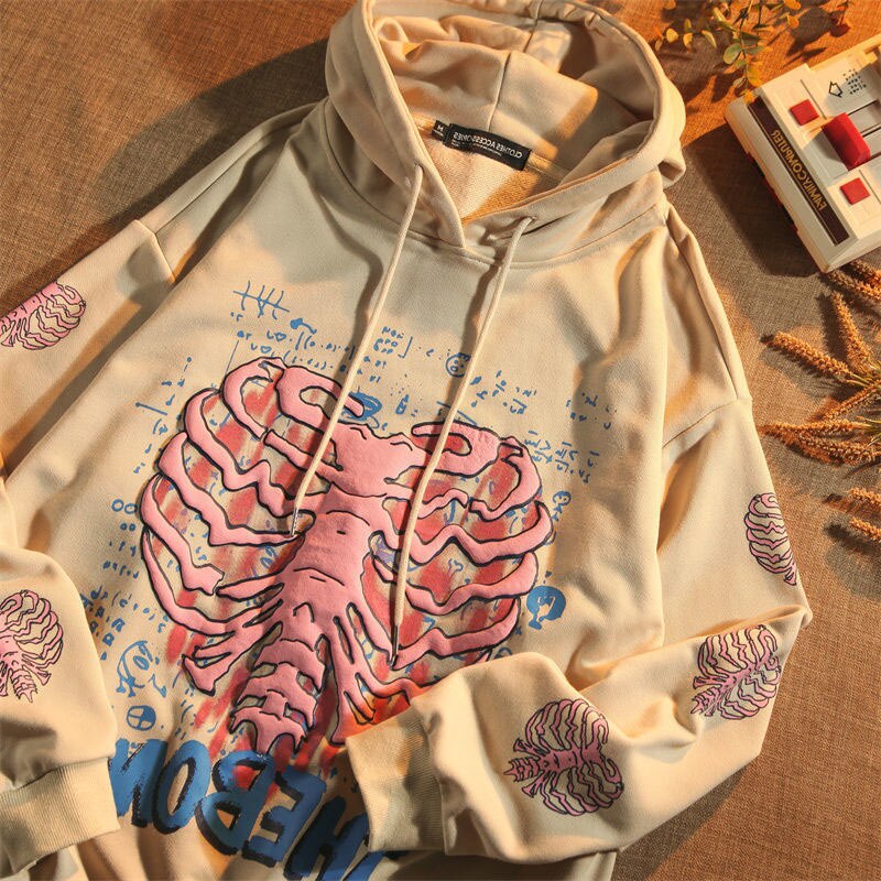 Y2K Skeleton Puff Print Hoodie Khaki, XS - Streetwear Hoodie - Slick Street