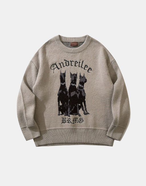 Y2K Doberman Andreilee Graphic Sweater Khaki, XS - Streetwear Sweater - Slick Street