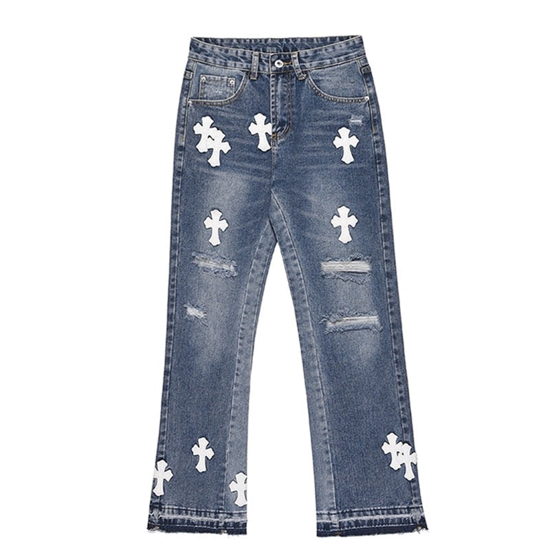 The Crucifix Cross Patch Jeans Blue, 30 - Streetwear Jeans - Slick Street