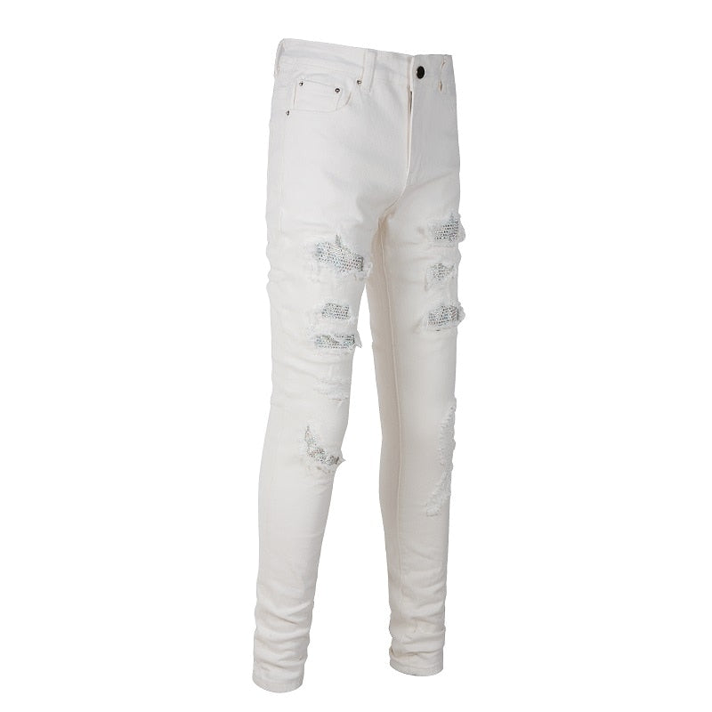 White Distressed Rhinestone Slim Jeans ,  - Streetwear Jeans - Slick Street