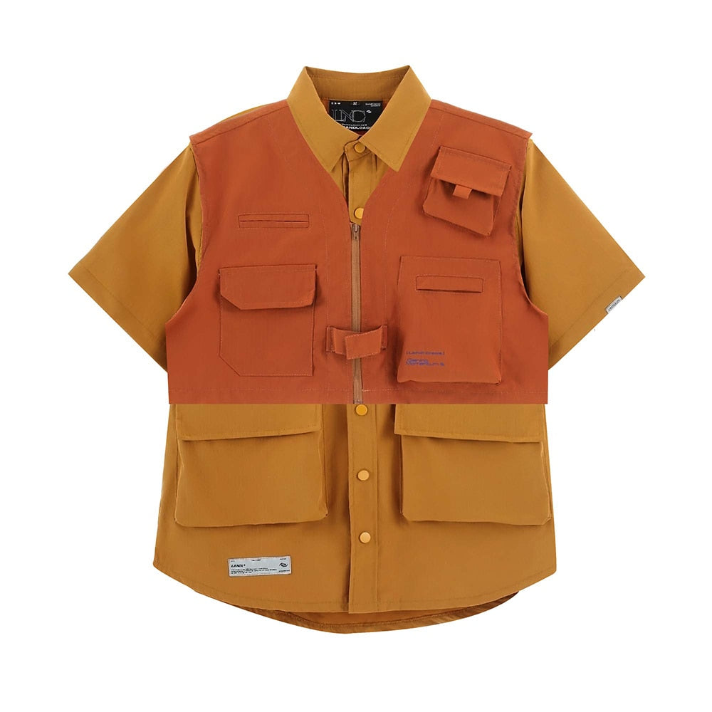 Multi Pocket MA1 Shirt with Attachable Sleeves Orange, XS - Streetwear T-Shirt - Slick Street