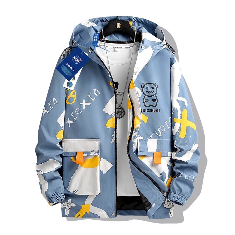 GINGSHUAI Raster Digital Graphic Hoodie Blue, XS - Streetwear Hoodie - Slick Street