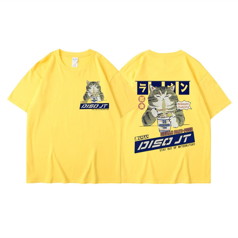 Midnight Canteen Cat Graphic T-Shirt Yellow, XXS - Streetwear Shirt - Slick Street