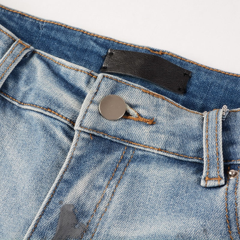 Distressed Silver Rhinestone Slim Blue Jeans ,  - Streetwear Jeans - Slick Street