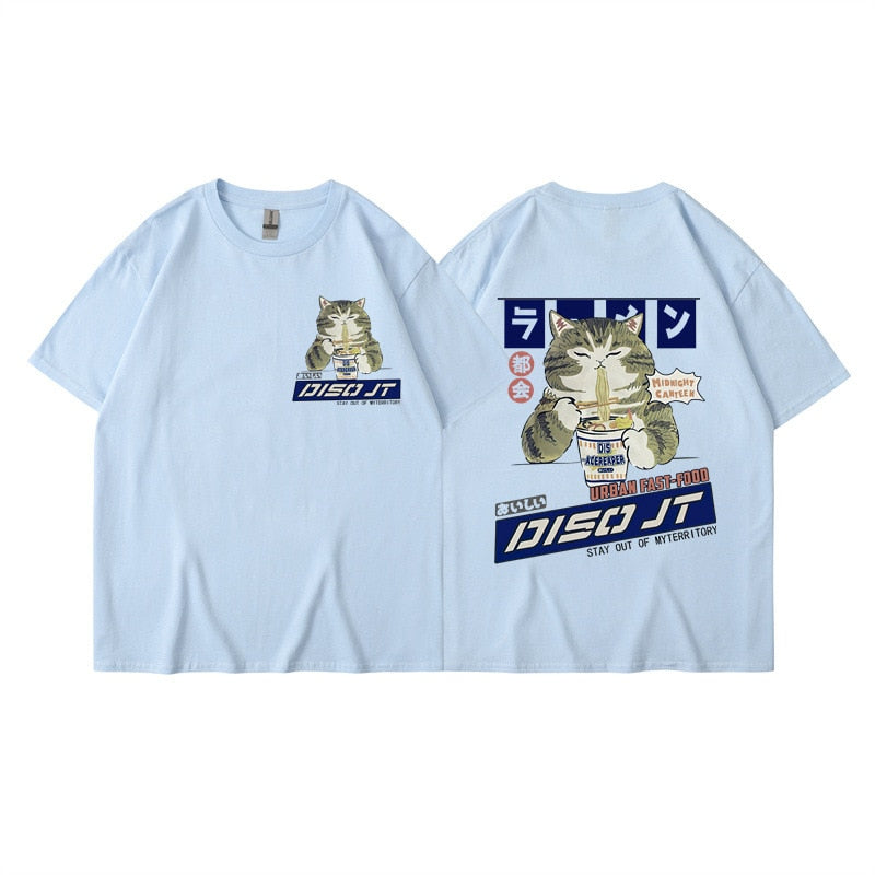 Midnight Canteen Cat Graphic T-Shirt Light Blue, XXS - Streetwear T-Shirt - Slick Street