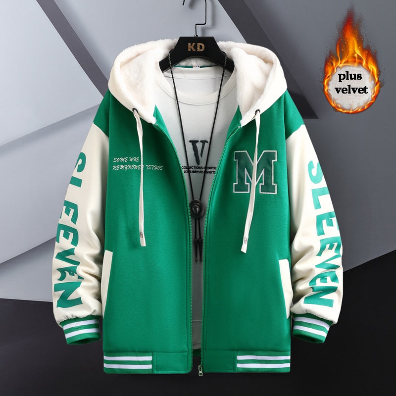 Slick 'M' Thermal Fleece Hooded Varsity Jacket Green, XS - Streetwear Jacket - Slick Street