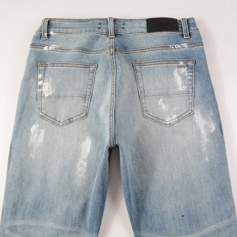 Distressed Silver Rhinestone Slim Blue Jeans ,  - Streetwear Jeans - Slick Street