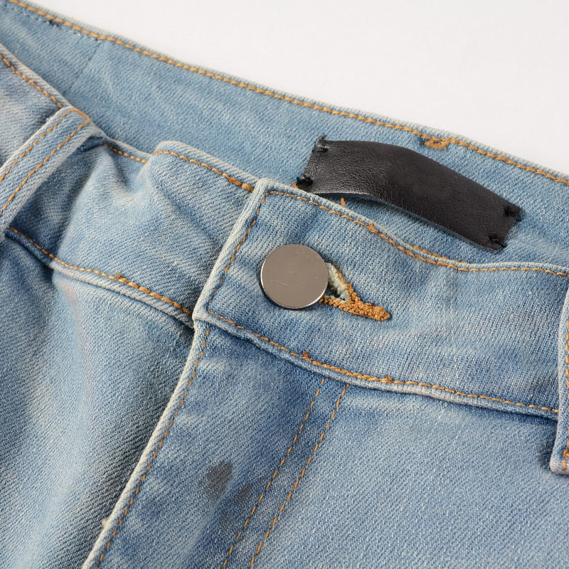 Light Blue Distressed Onyx Rhinestone Slim Jeans ,  - Streetwear Jeans - Slick Street