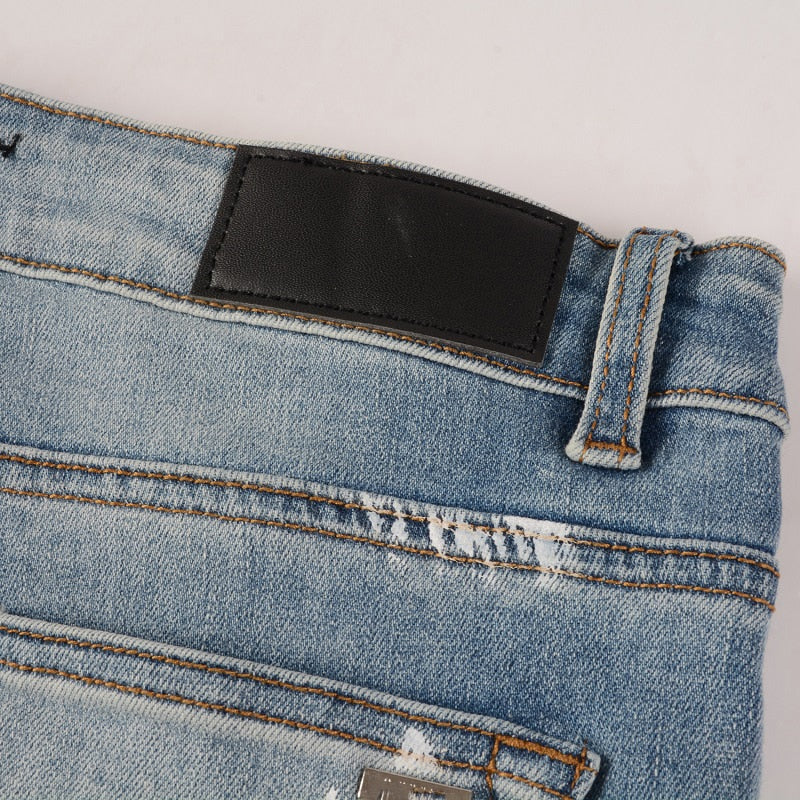 Distressed Silver Rhinestone Slim Blue Jeans ,  - Streetwear Jeans - Slick Street