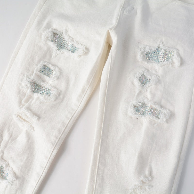 White Distressed Rhinestone Slim Jeans ,  - Streetwear Jeans - Slick Street
