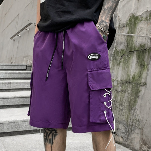 PROGRESS Jogging Braided Lace Design Shorts Purple, XS - Streetwear Shorts - Slick Street