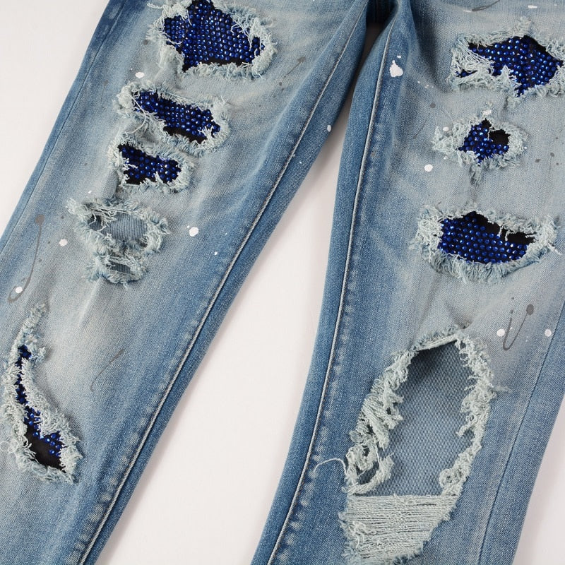 Sapphire Distressed Rhinestone Slim Jeans ,  - Streetwear Jeans - Slick Street