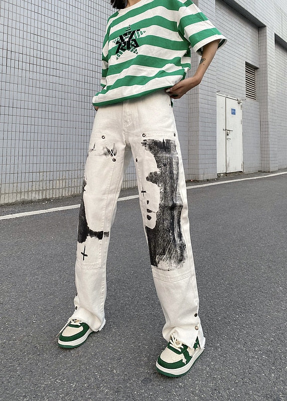 Herringbone Graffiti Print White Straight Jeans ,  - Streetwear Jeans - Slick Street