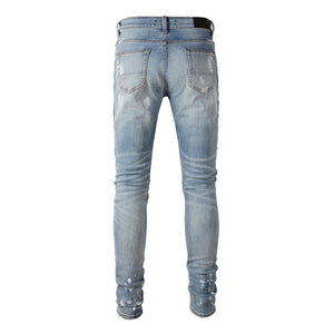 Distressed Silver Rhinestone Slim Blue Jeans ,  - Streetwear Jeans - Slick Street