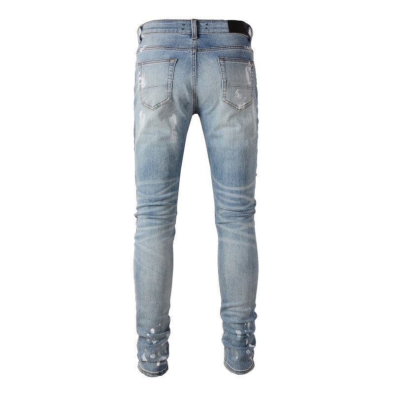 Distressed Silver Rhinestone Slim Blue Jeans ,  - Streetwear Jeans - Slick Street