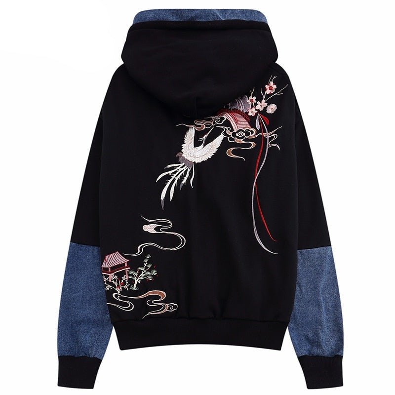 Japanese Minka Crane Bridge Patchwork Hoodie ,  - Streetwear Hoodie - Slick Street