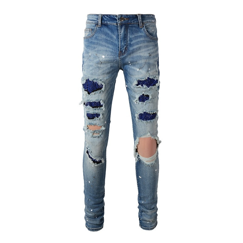 Sapphire Distressed Rhinestone Slim Jeans Blue, 28 - Streetwear Jeans - Slick Street