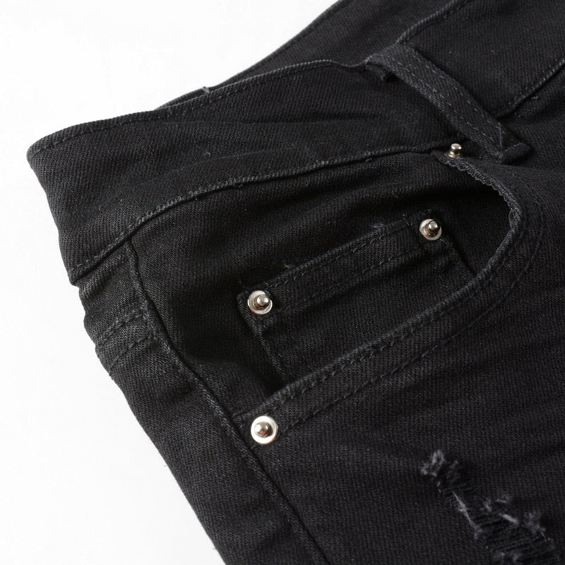 Obsidian Distressed Rhinestone Slim Black Jeans ,  - Streetwear Jeans - Slick Street