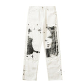 Herringbone Graffiti Print White Straight Jeans White, 31 - Streetwear Jeans - Slick Street