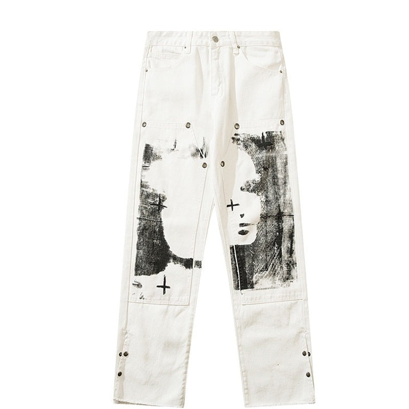 Herringbone Graffiti Print White Straight Jeans White, 31 - Streetwear Jeans - Slick Street