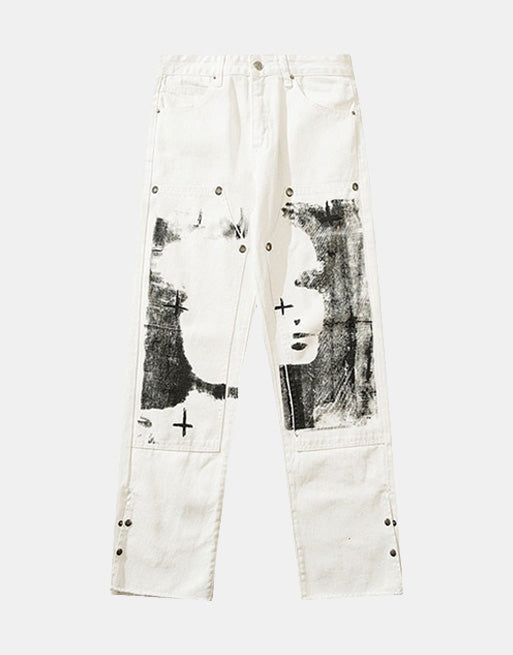 Herringbone Graffiti Print White Straight Jeans ,  - Streetwear Jeans - Slick Street