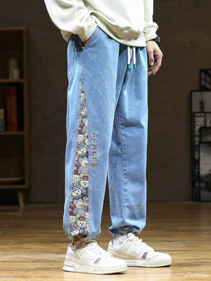 Designer Bear Patchwork Denim Pants ,  - Streetwear Pants - Slick Street
