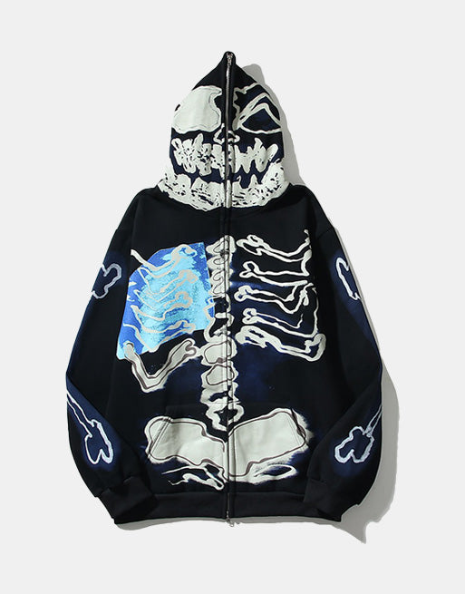 Skeleton Cactus Zip Hoodie Blue, XS - Streetwear Hoodie - Slick Street