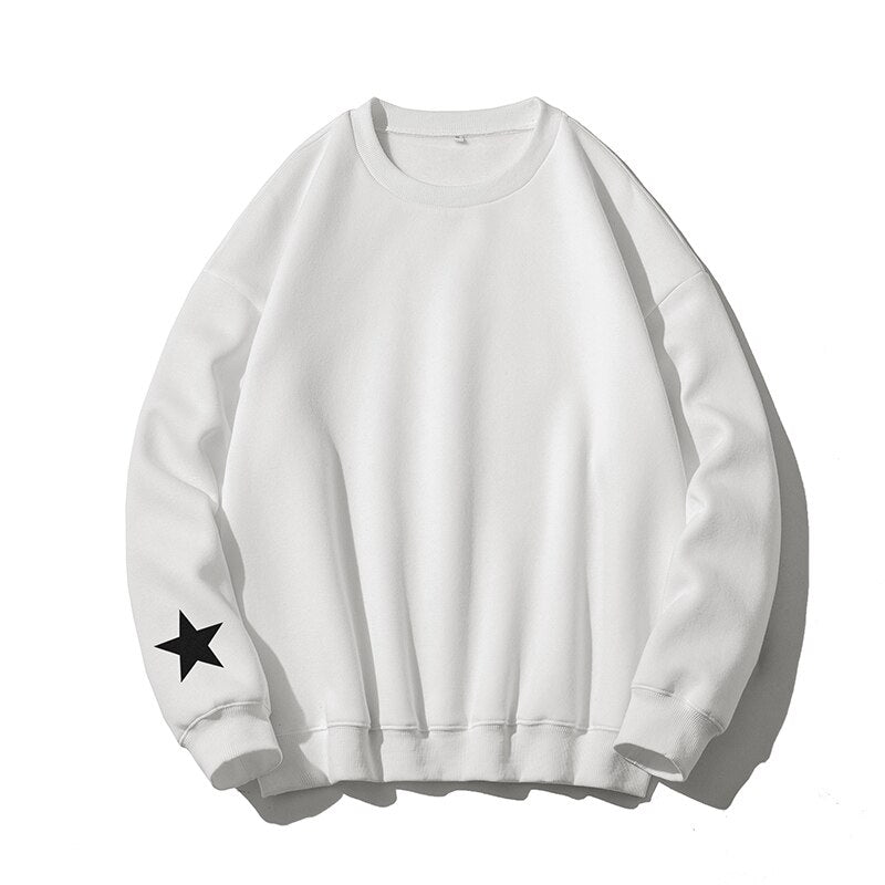 Star On Sleeve Crew Neck Sweatshirt White, M - Streetwear Sweatshirt - Slick Street