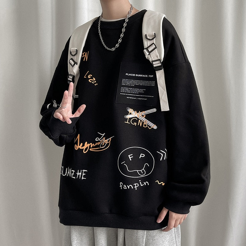 VEGUANZHE Emoji Pattern Pullover Sweatshirt Black, M - Streetwear Sweatshirt - Slick Street